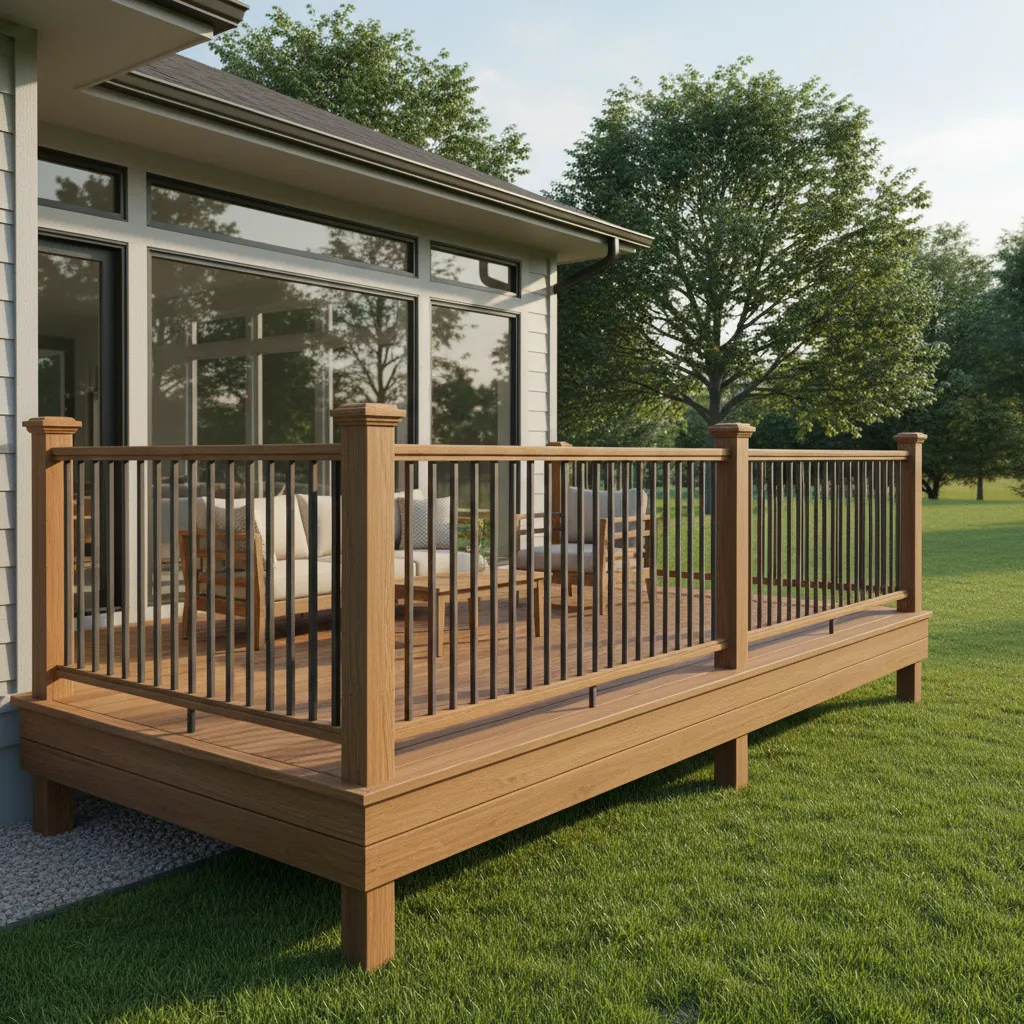 Outdoor wooden deck with secure railing system and vertical balusters
