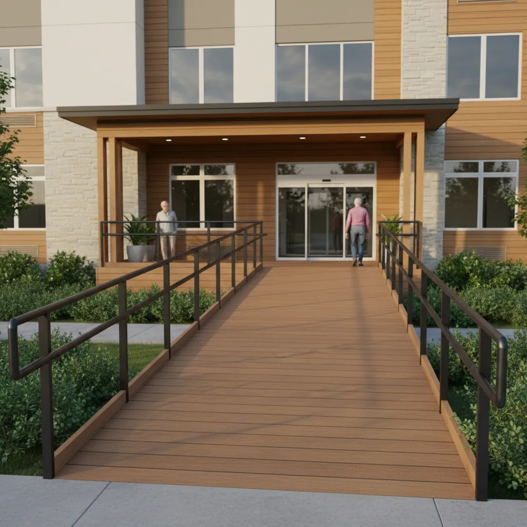 Outdoor deck ramp with gentle slope and handrails for elderly accessibility
