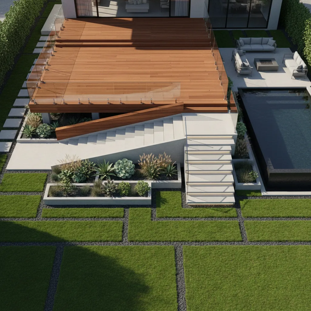 Outdoor deck access layout showing ramp path and stair placement plan