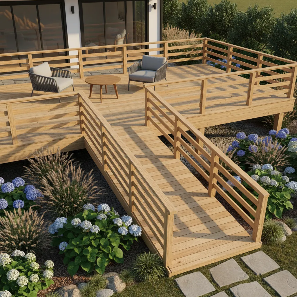 residential deck ramp connecting backyard deck to garden with proper railing and landing