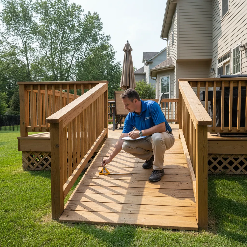 home inspector checking wooden deck ramp structure and railing stability