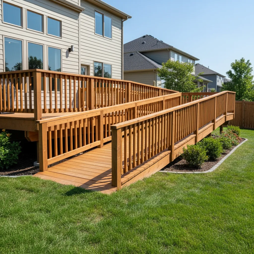 Wooden deck ramp with switchback layout and safety railings
