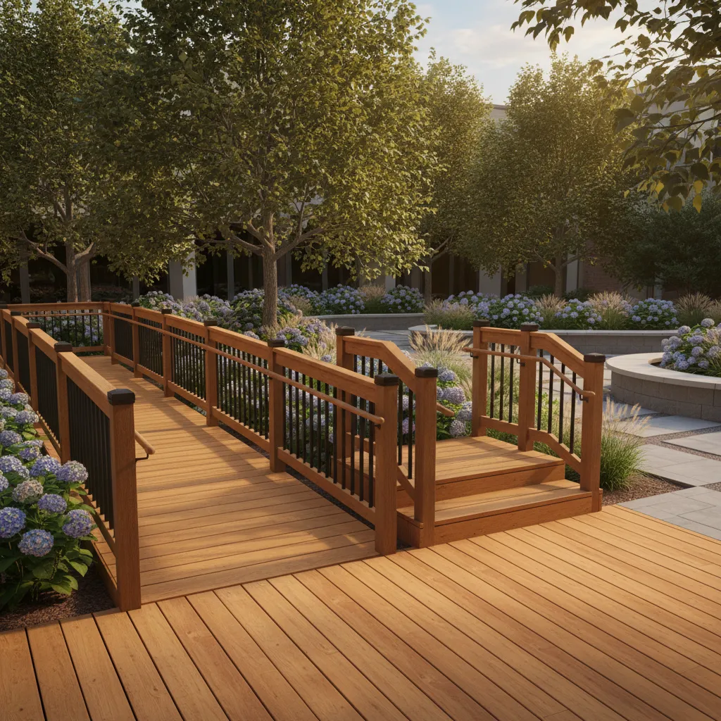 Deck with both stairs and ramp providing access for seniors with different mobility levels