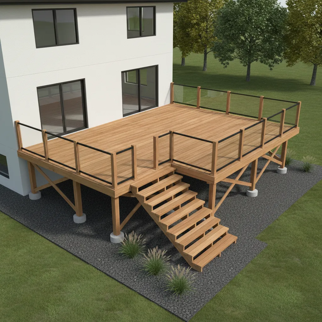Digital deck layout showing stairs railings and structural posts in planning software