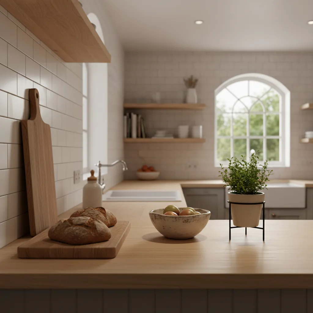 Organized cozy kitchen with minimal countertop items and warm decor