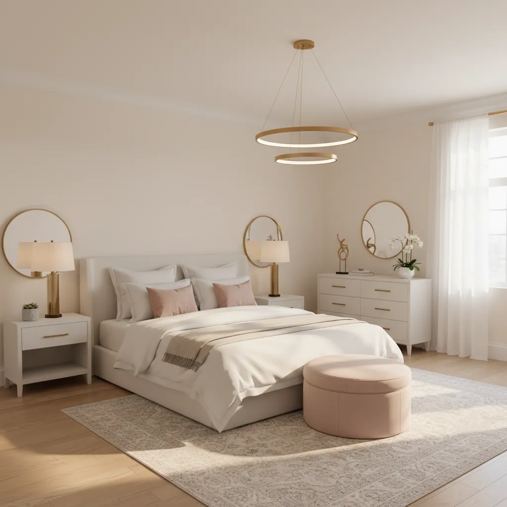 Calm white pink gold bedroom after decluttering decor