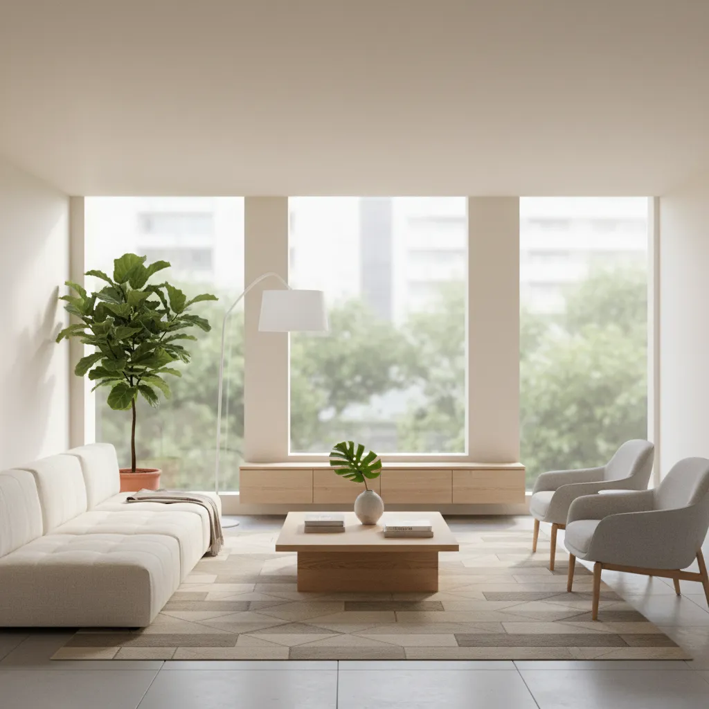 Minimal living room layout showing clear circulation and balanced furniture placement