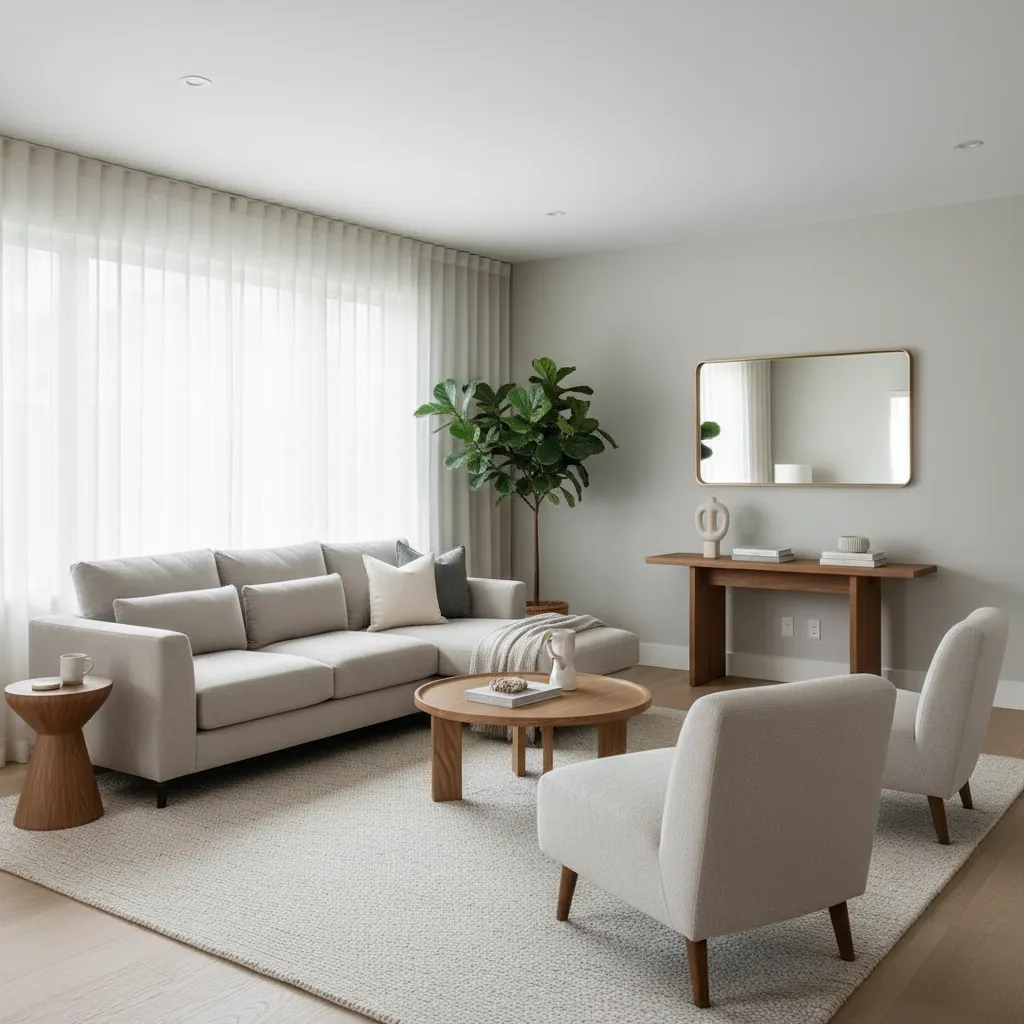 Salón ordenado y minimalista preparado para mostrar una vivienda en venta