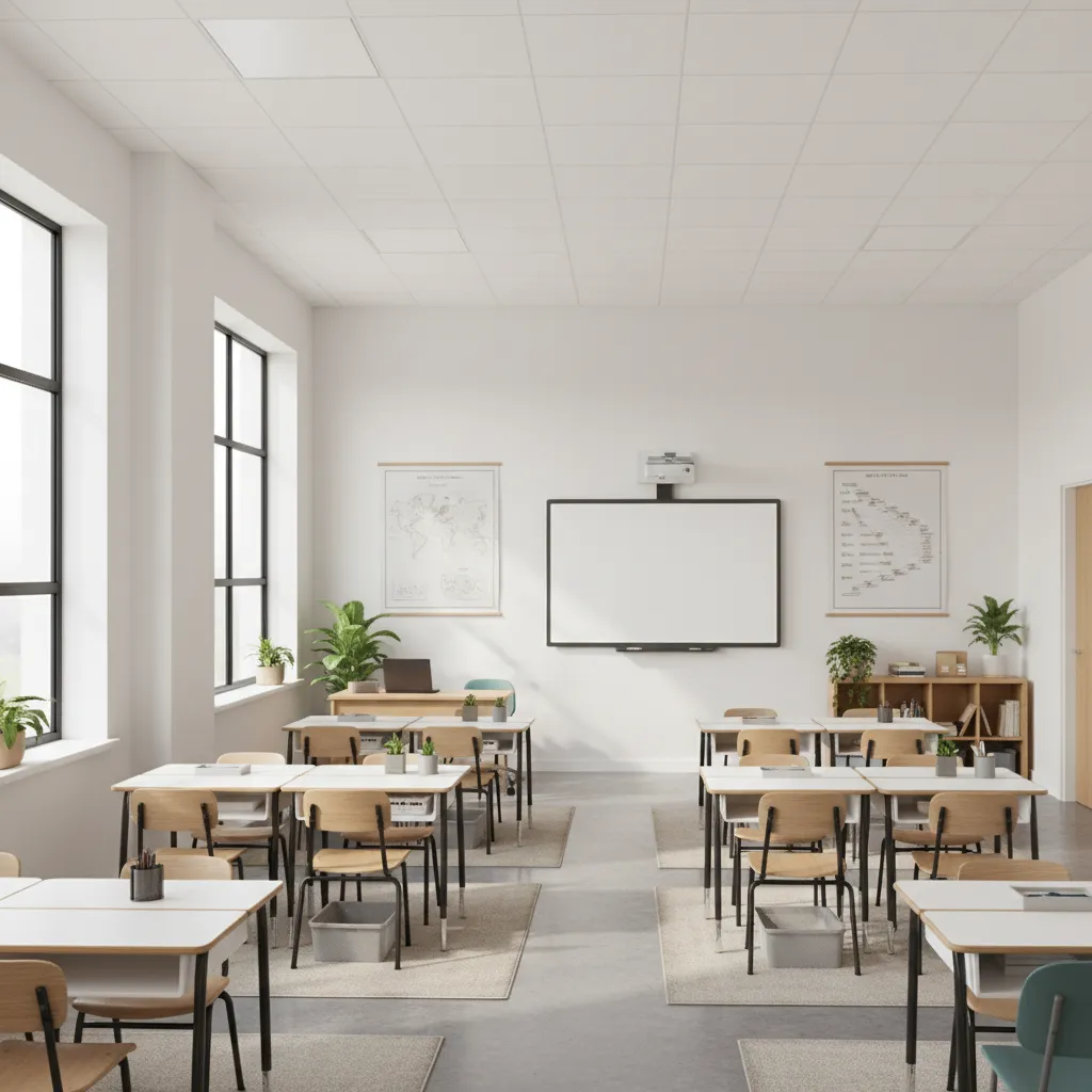 Middle school classroom with decluttered walls and organized learning zones