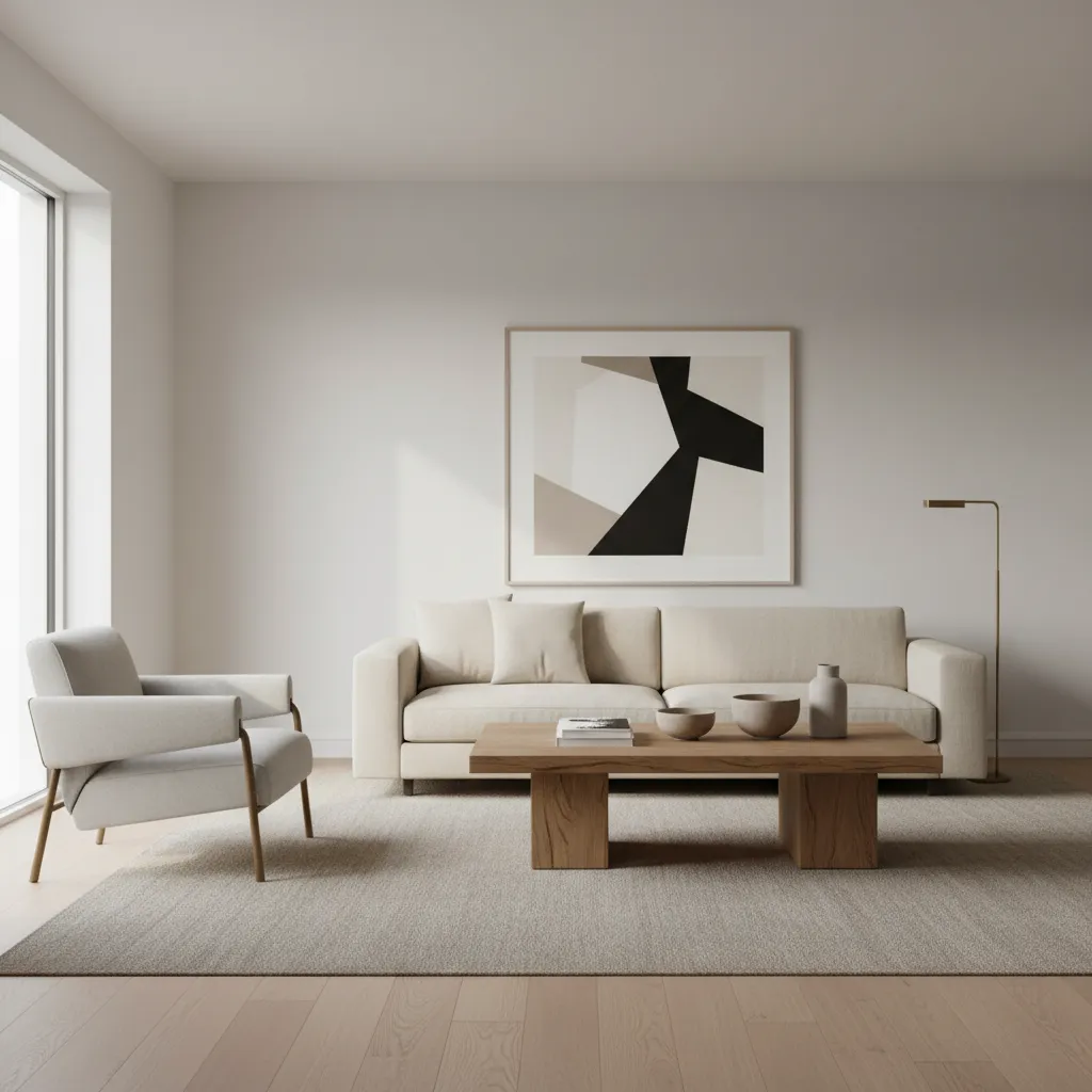 Salón moderno despejado con pocos muebles bien seleccionados