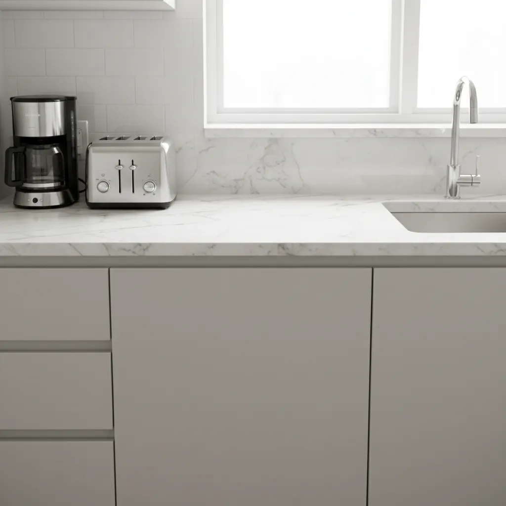 Small kitchen countertop with only essential appliances like coffee maker and toaster