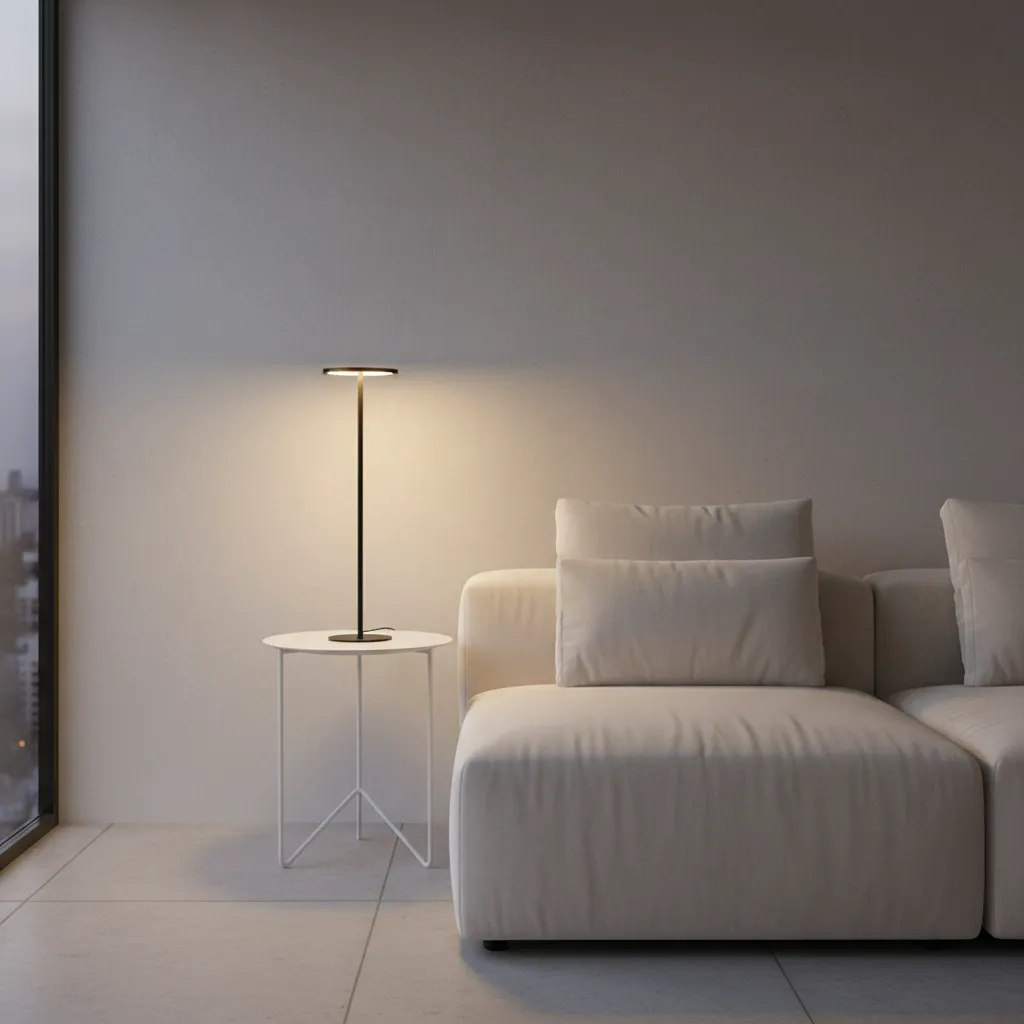 minimalist side table with lamp and clear surface allowing light reflection