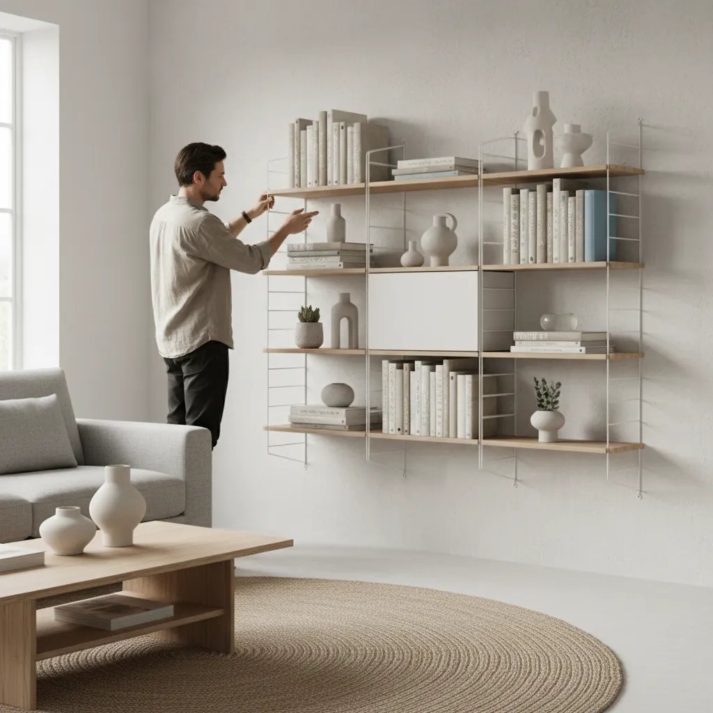 designer arranging books and decor on a bookshelf with intentional spacing