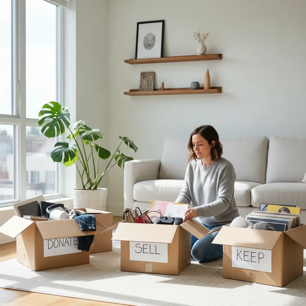 homeowner sorting items into keep donate and sell piles before moving