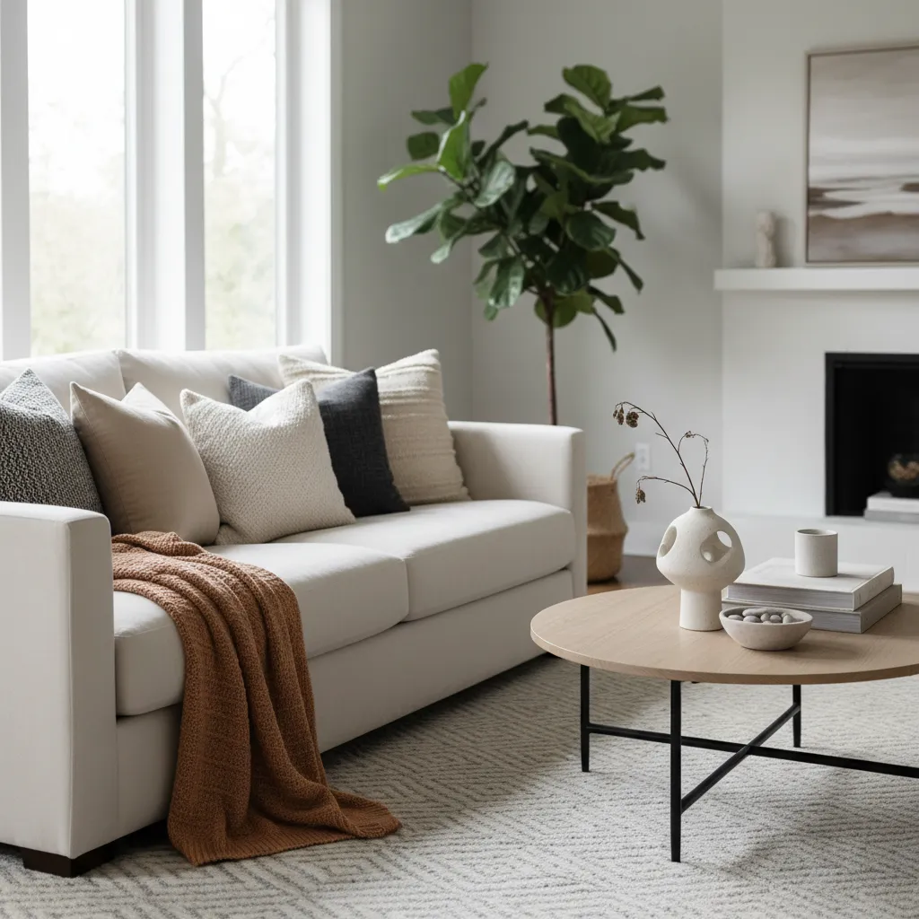 Sala de estar con accesorios decorativos y textiles neutros