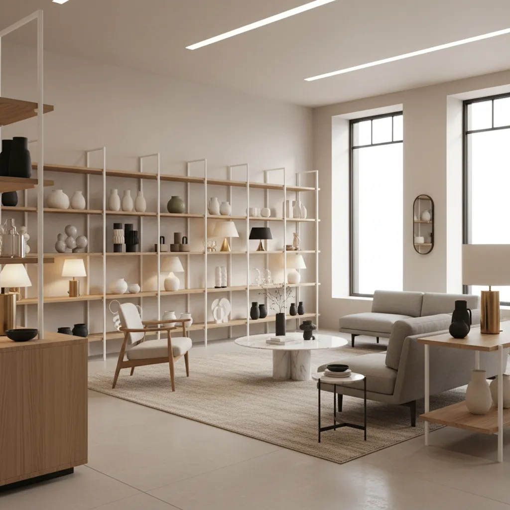 Interior of a modern home decor boutique with curated shelves and furniture displays