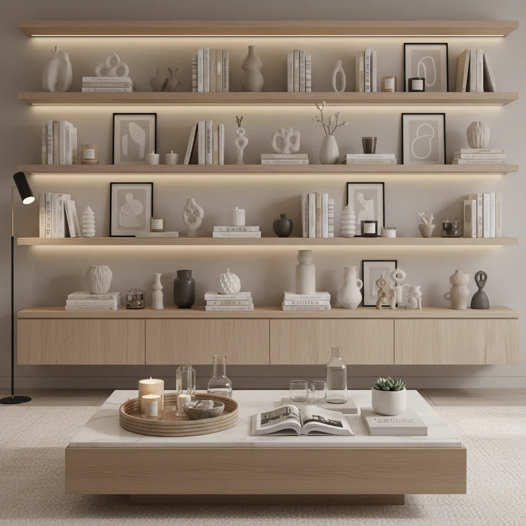 Table and shelves filled with too many decorative objects causing visual clutter