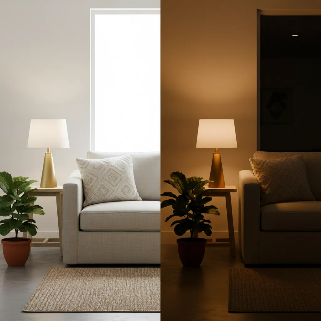comparison of home decor color under natural daylight and warm indoor lighting