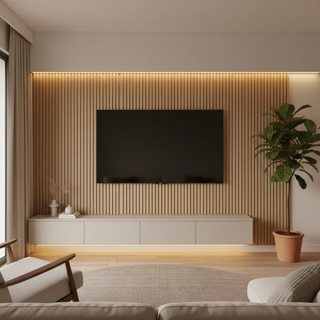 Wall mounted TV with decorative slat wall panel and plant hiding cables