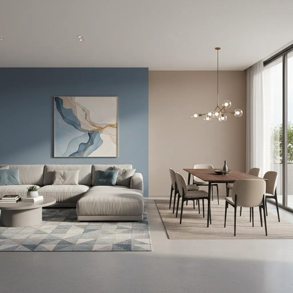 Area rug and artwork connecting two wall colors in open concept room