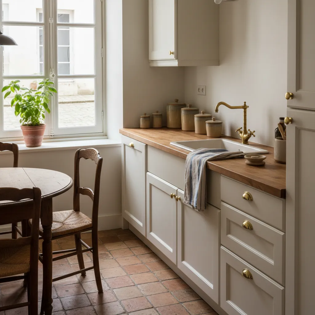 Minimal rustic decor in a small French country apartment kitchen