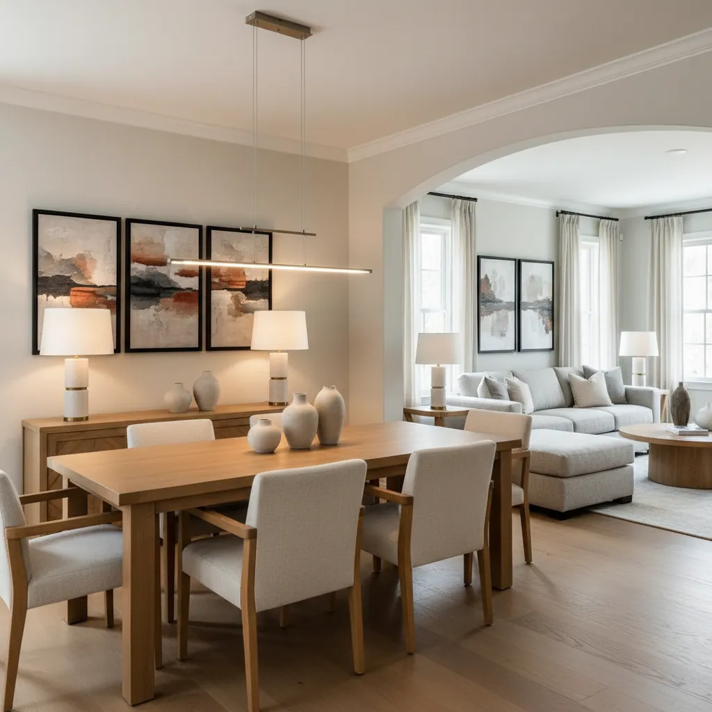 Decor elements visually linking adjoining dining and den rooms