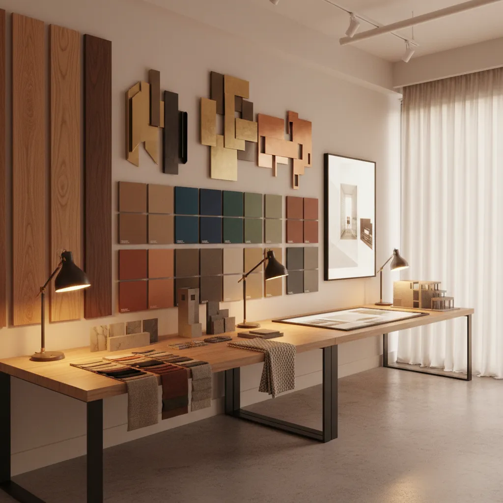 Decor material samples showing color mismatch under lighting