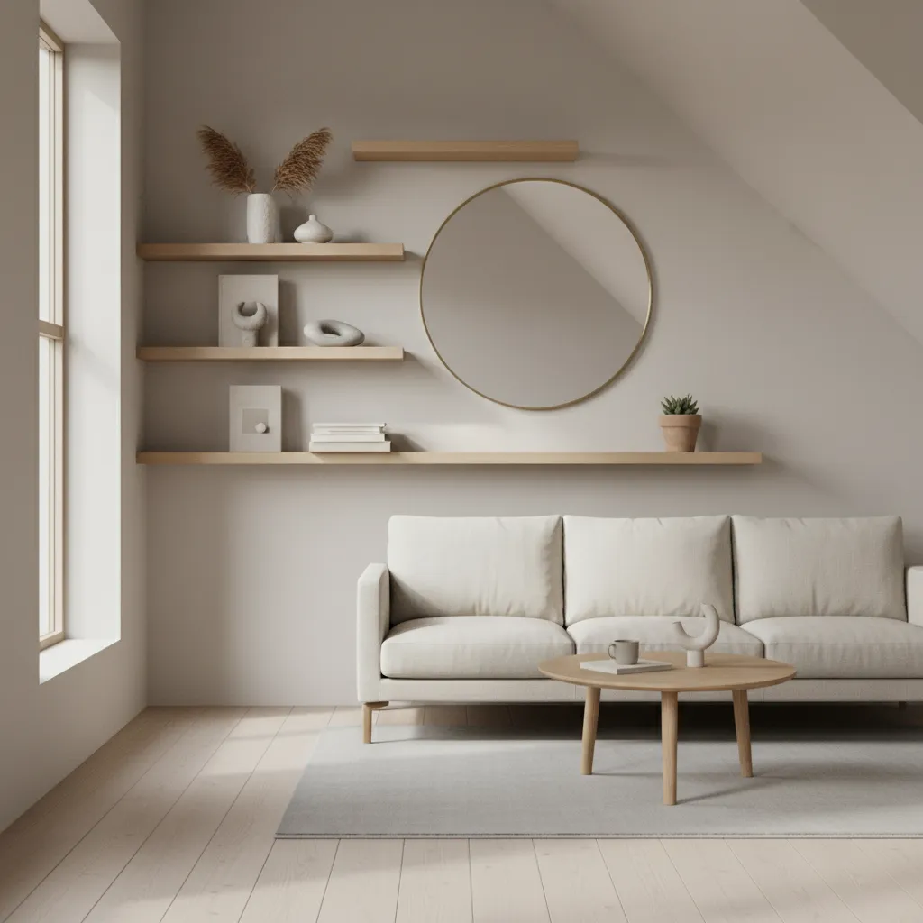 Sloped wall with floating shelves and mirror showing effective decoration options