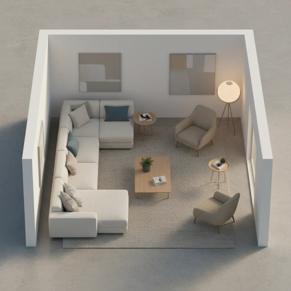 3d room layout showing decor placement and furniture scale planning