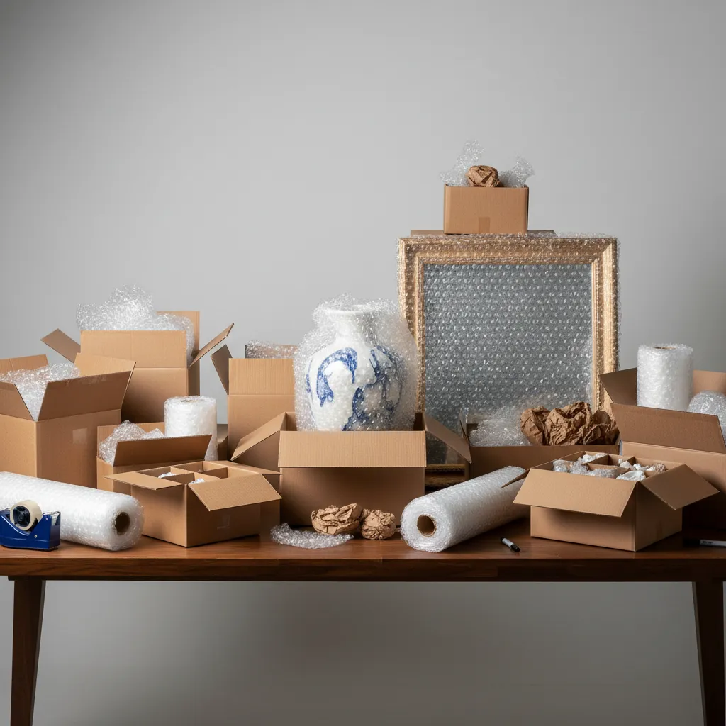 fragile home decor items packed in shipping boxes with protective wrapping