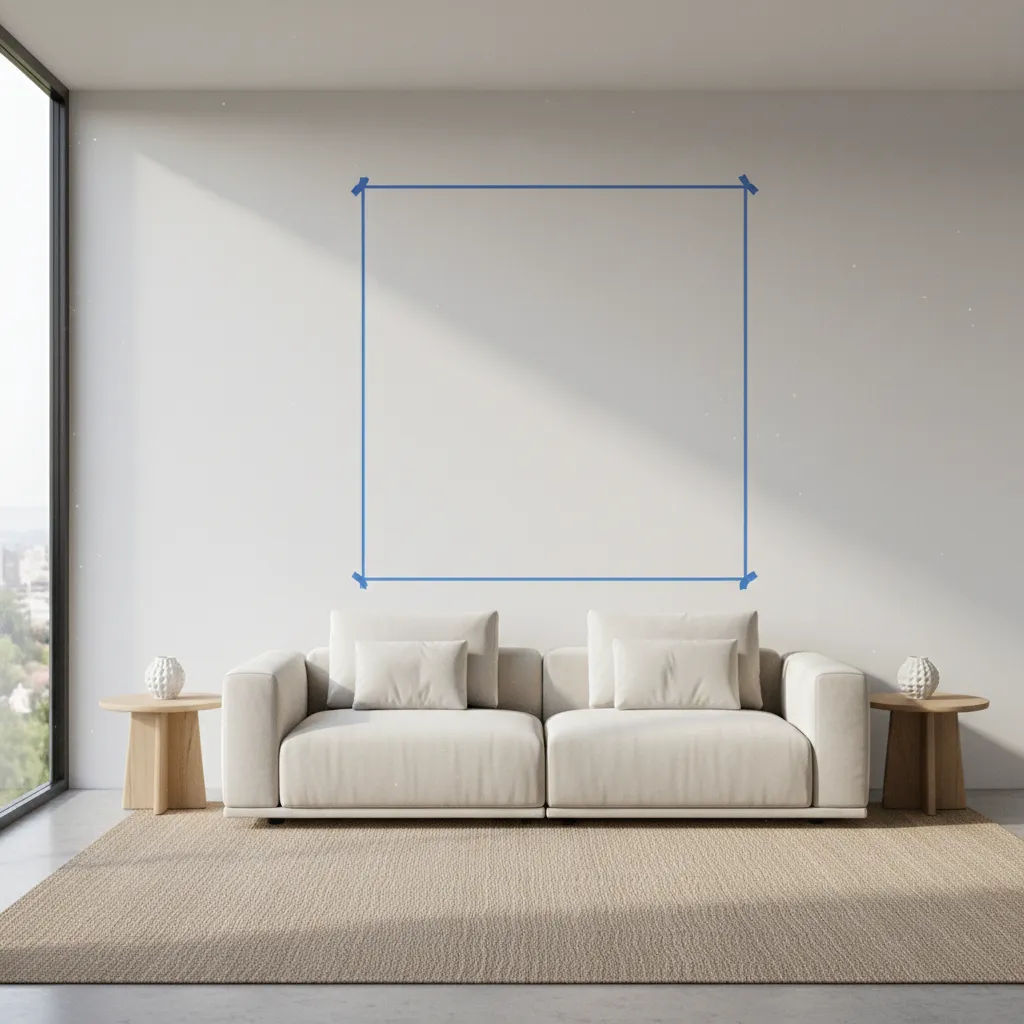 living room wall with painter tape marking art size before hanging decor