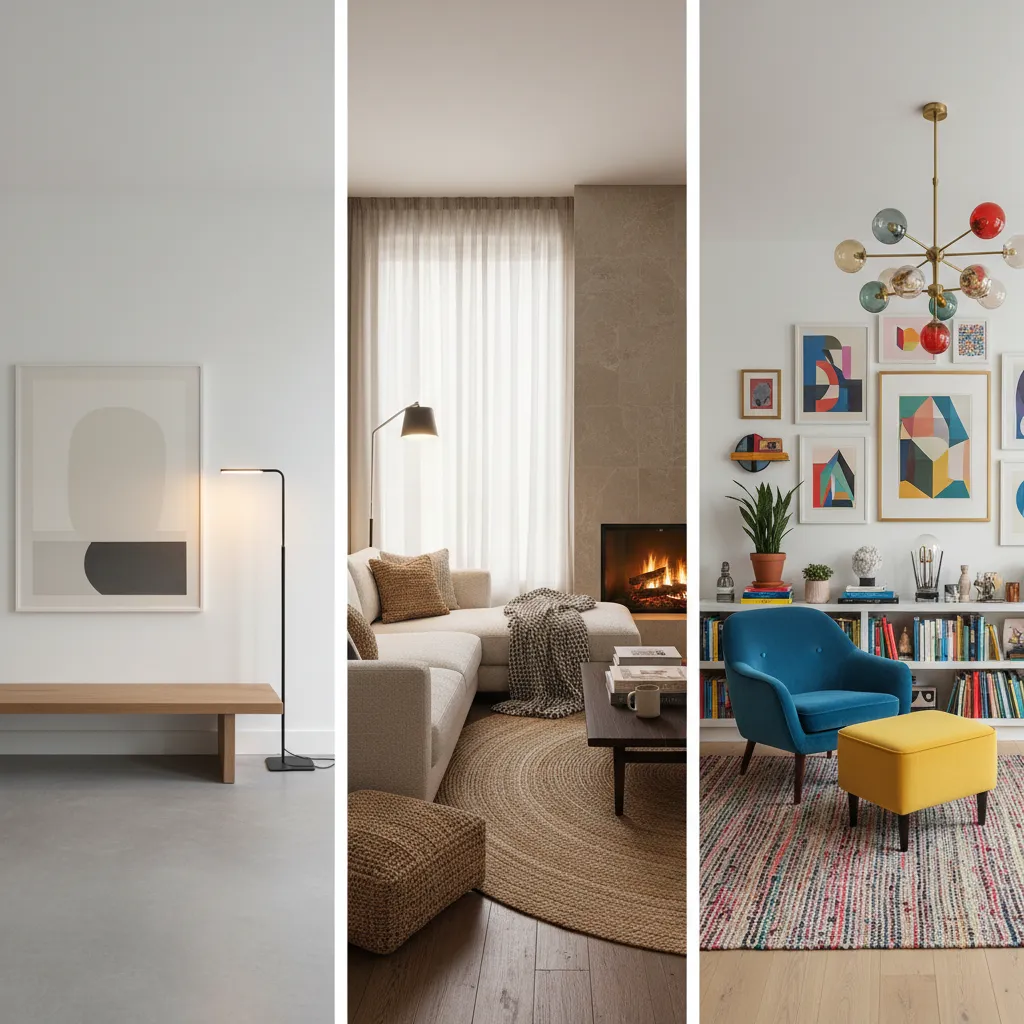 Interior styles showing minimalist, cozy, and creative decor differences