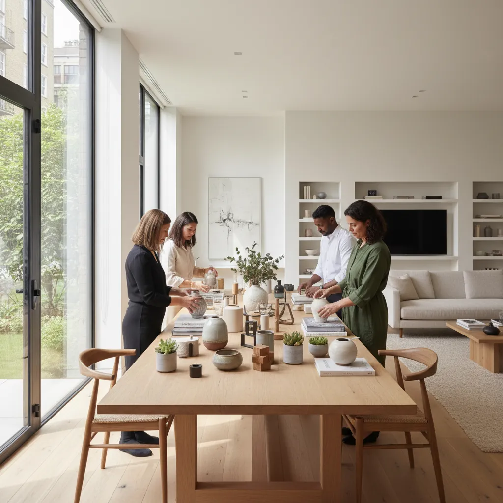 Participants arranging decor items during an interactive styling activity