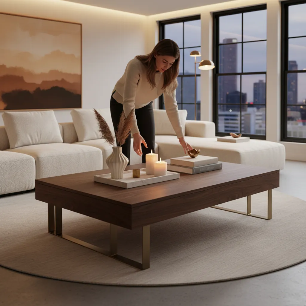 Home decor styling demonstration on a coffee table during a decorating party