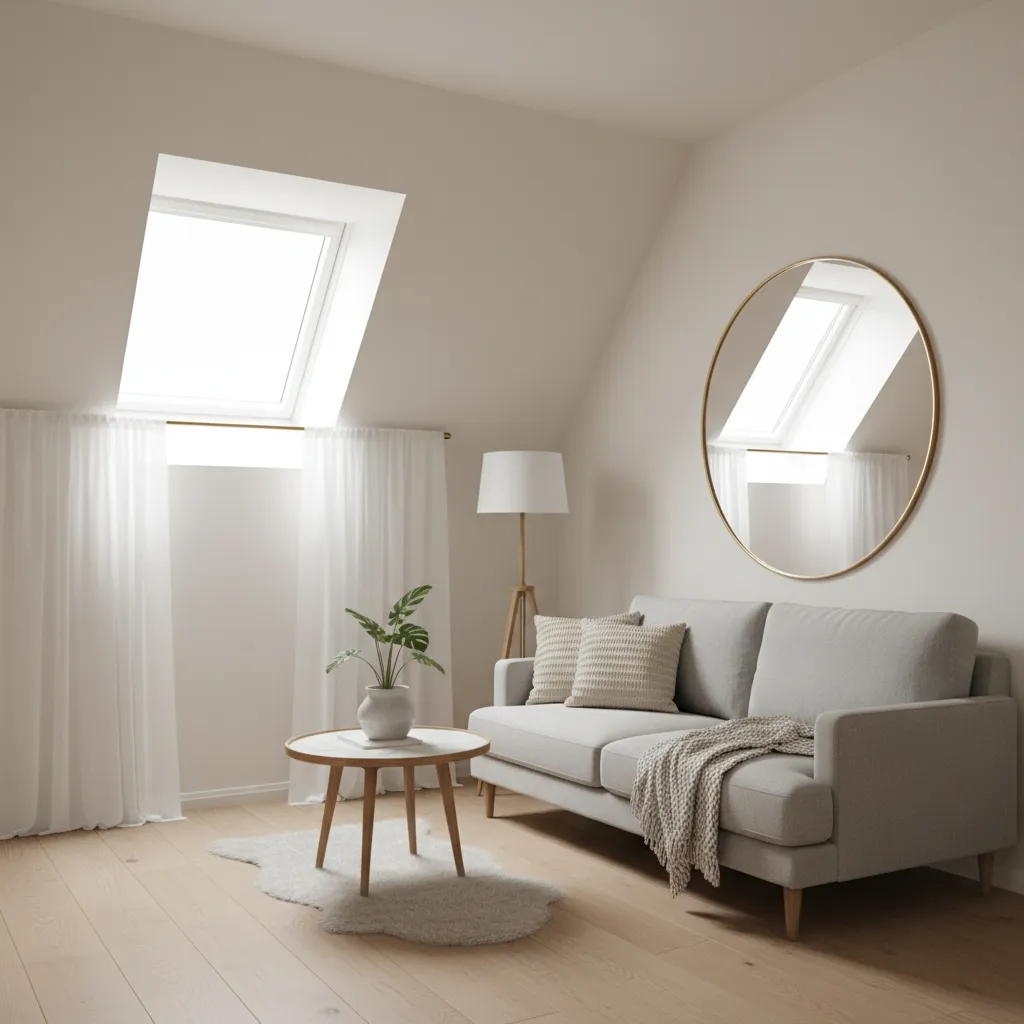 Small attic living area with light colors mirrors and vertical decor making room feel taller