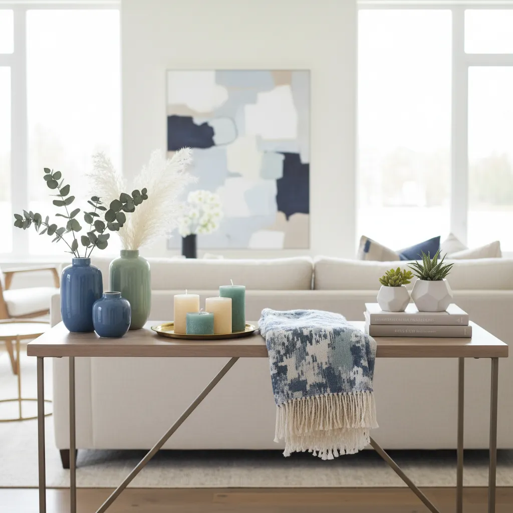 Decor items curated on a table to match a cohesive interior design theme