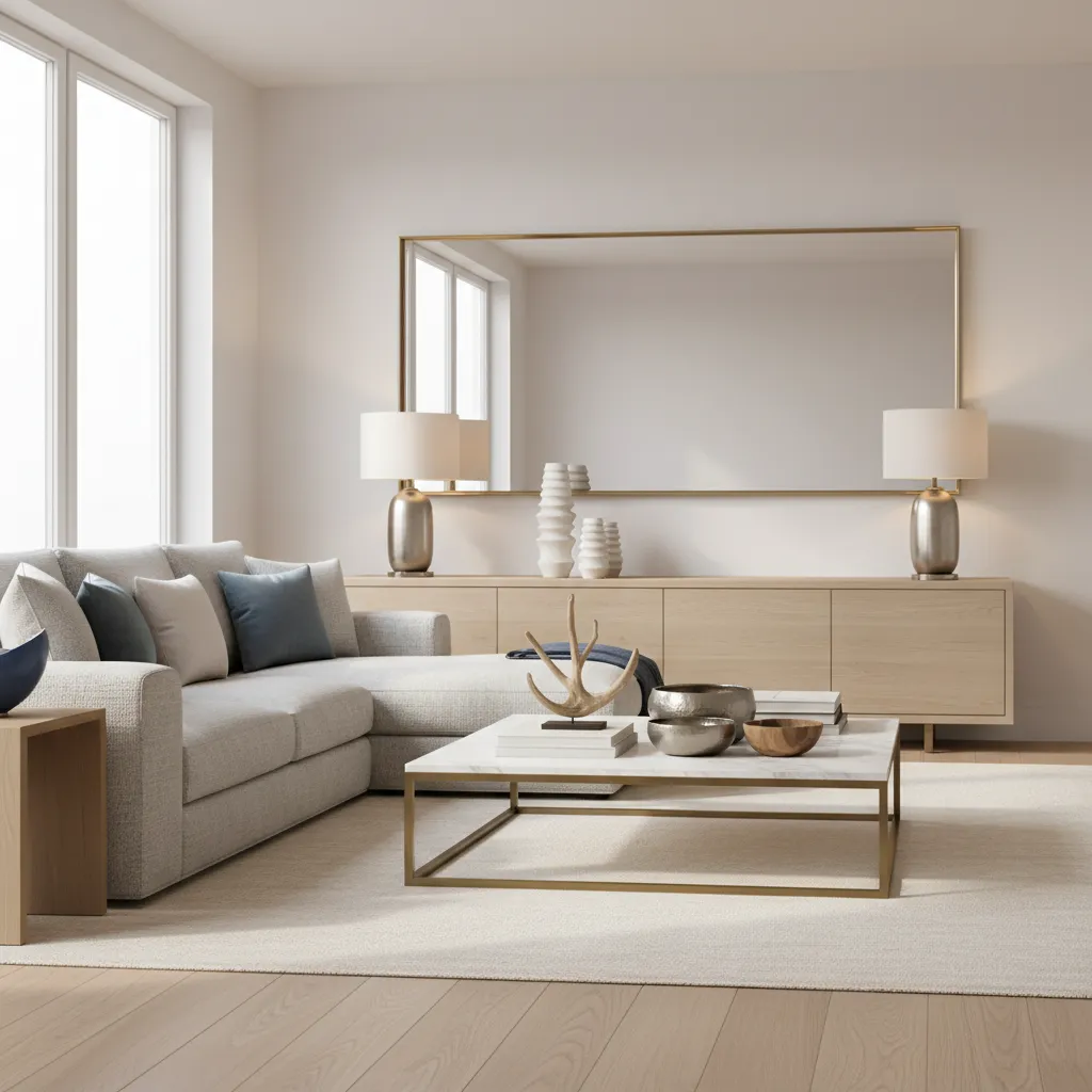 living room showing anchor decor like mirror and lamps with smaller accent decor pieces