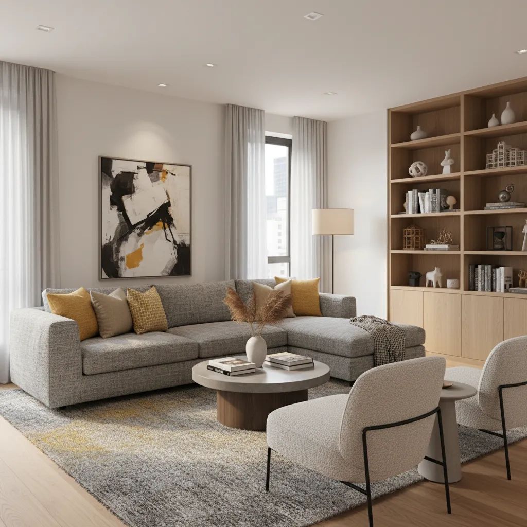 Salón moderno combinando amarillo y gris