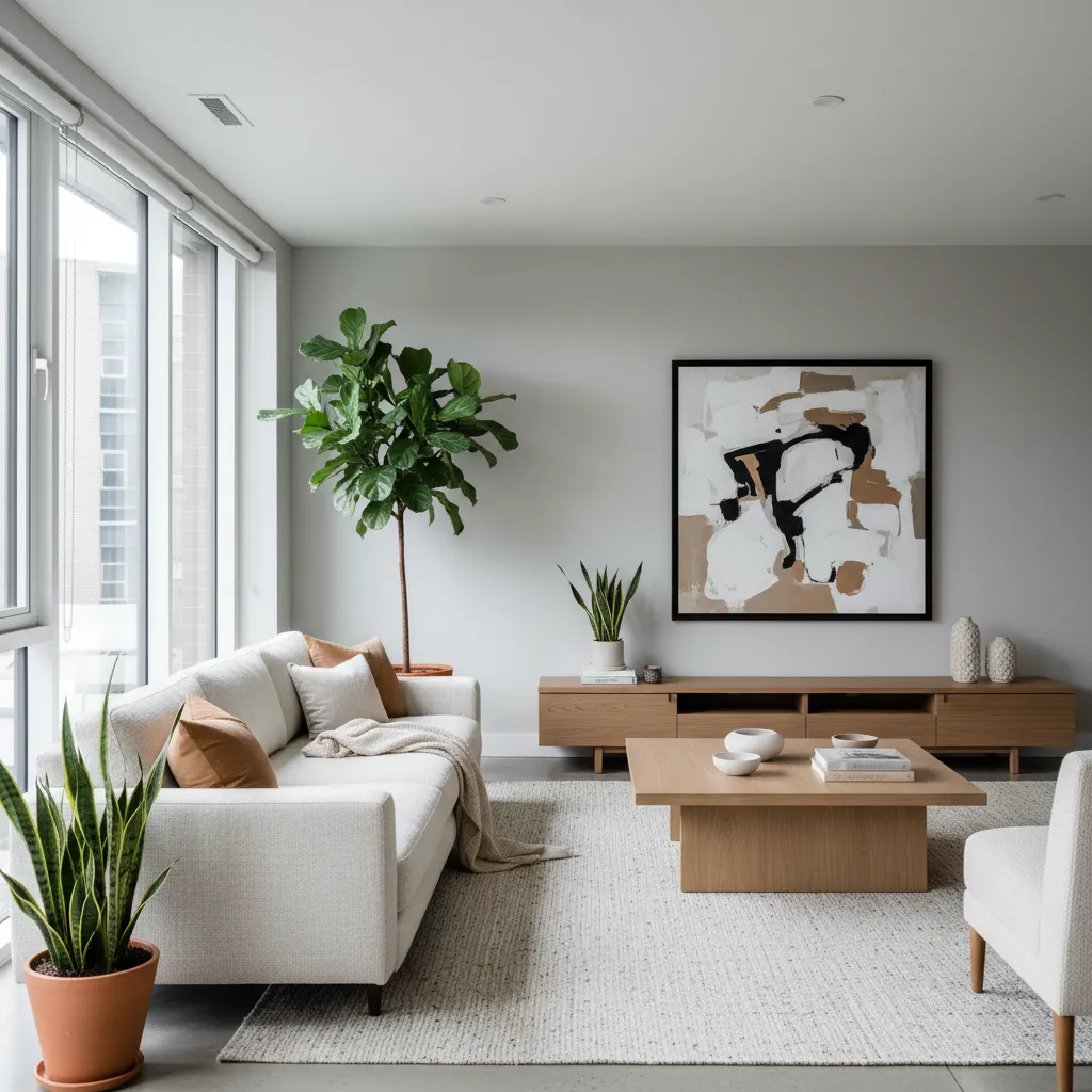 Modern living room with white sofa, wooden coffee table, large green plant, and wall art