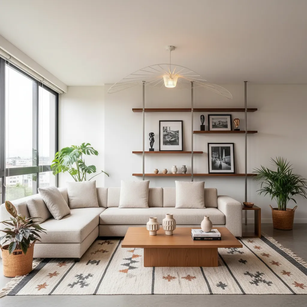 Sala moderna completamente decorada en un apartamento contemporáneo