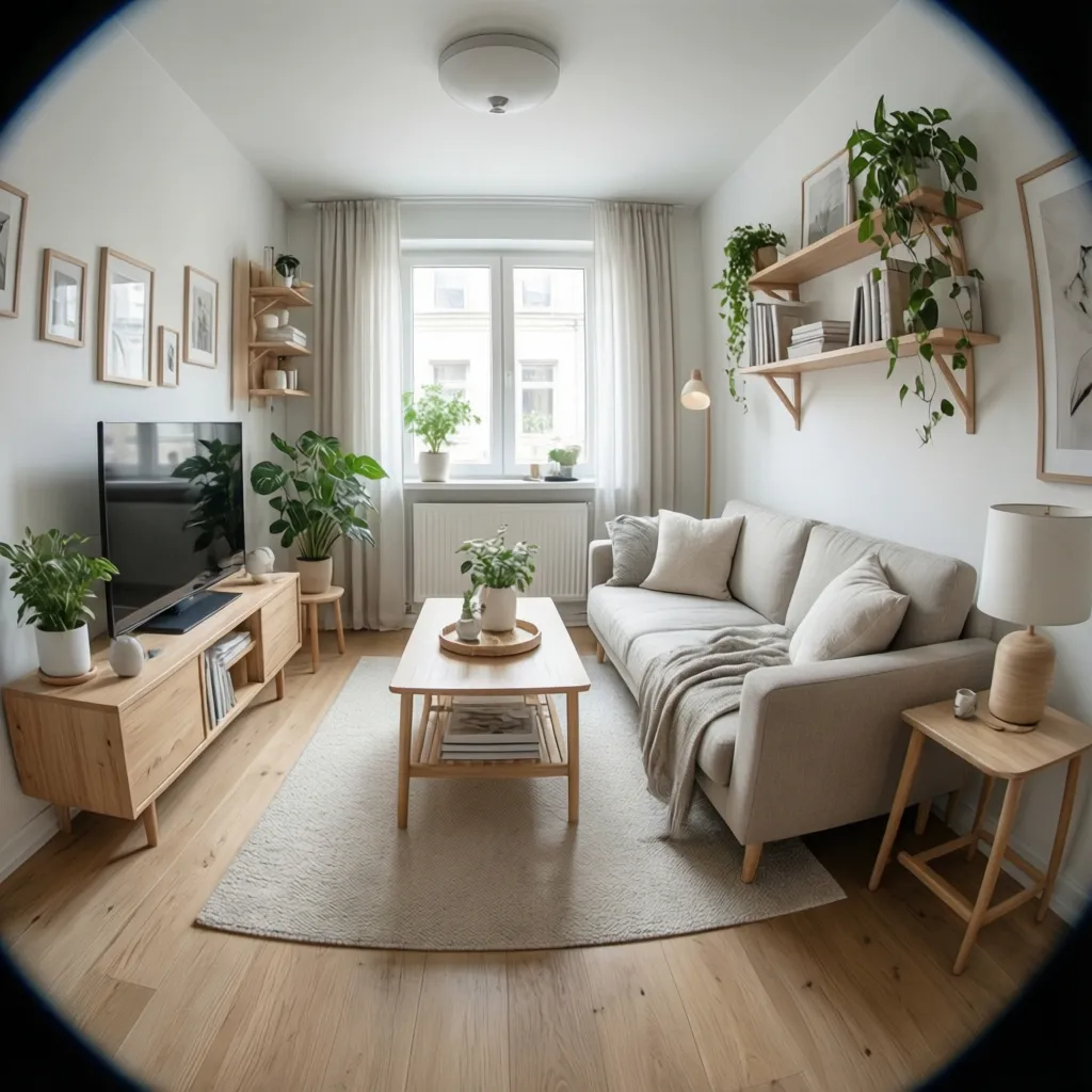 Small living room with white sofa, wooden coffee table, TV stand, many plants, and window