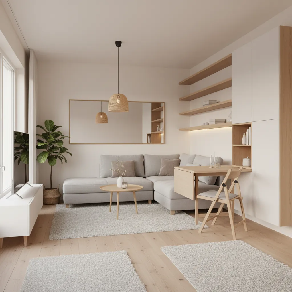 Apartamento pequeño decorado con colores claros y muebles ligeros