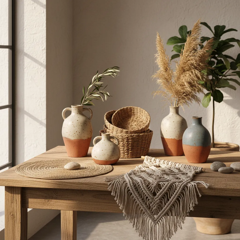 Objetos de decoración artesanal como cerámica y fibras naturales