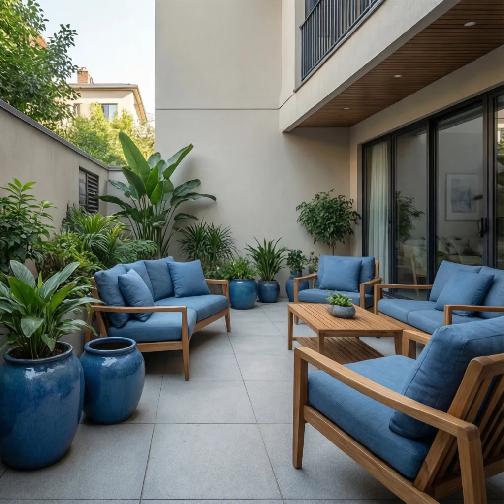 Patio interior con cojines azules y macetas decorativas