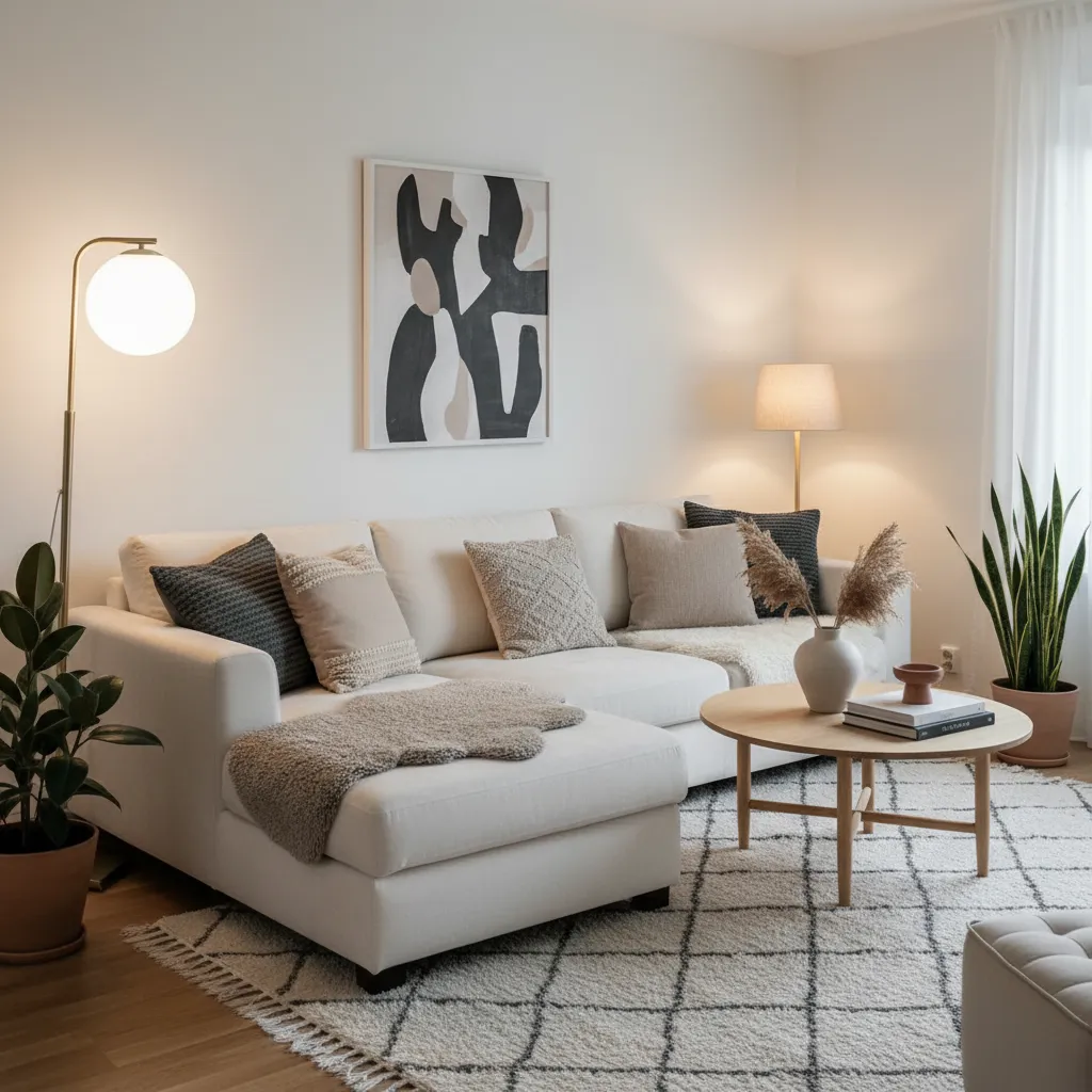 Salón moderno decorado con textiles y decoración económica