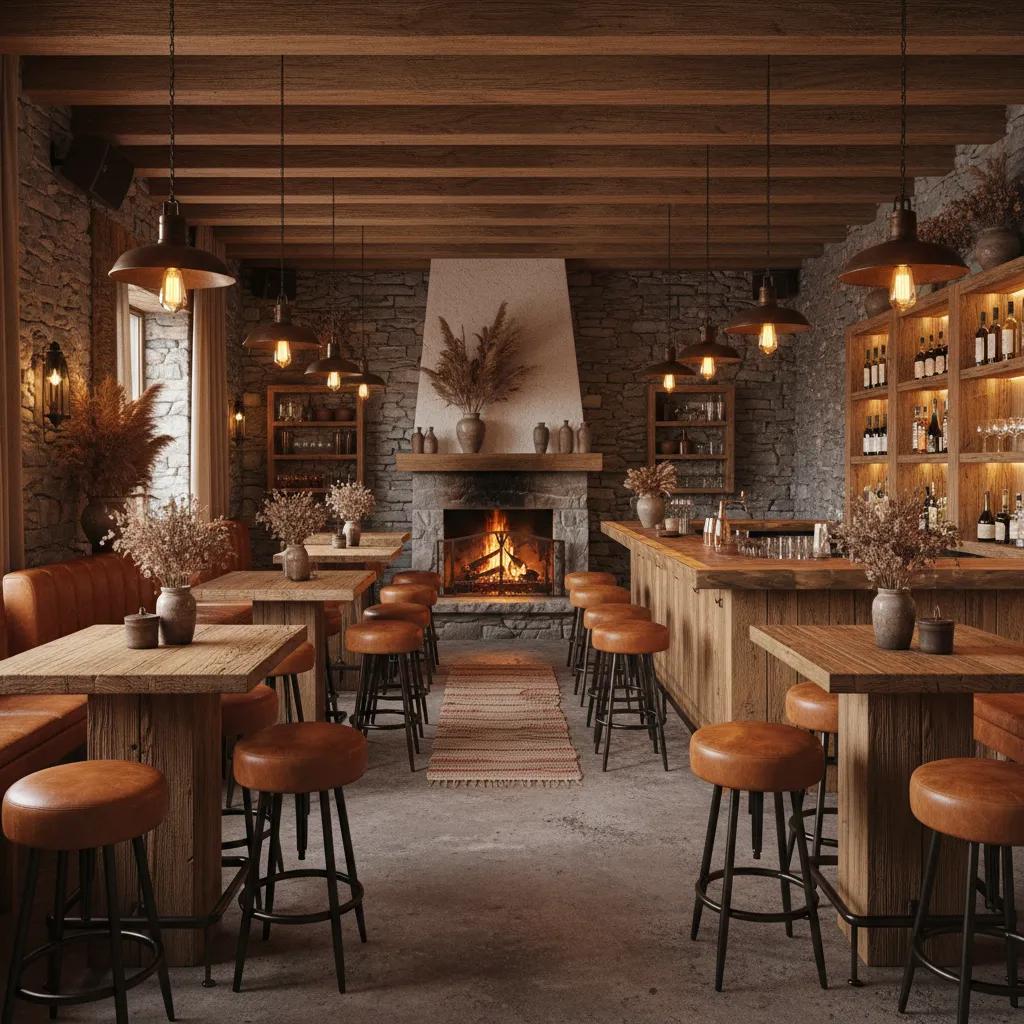 Bar rústico con decoración equilibrada y mobiliario de madera