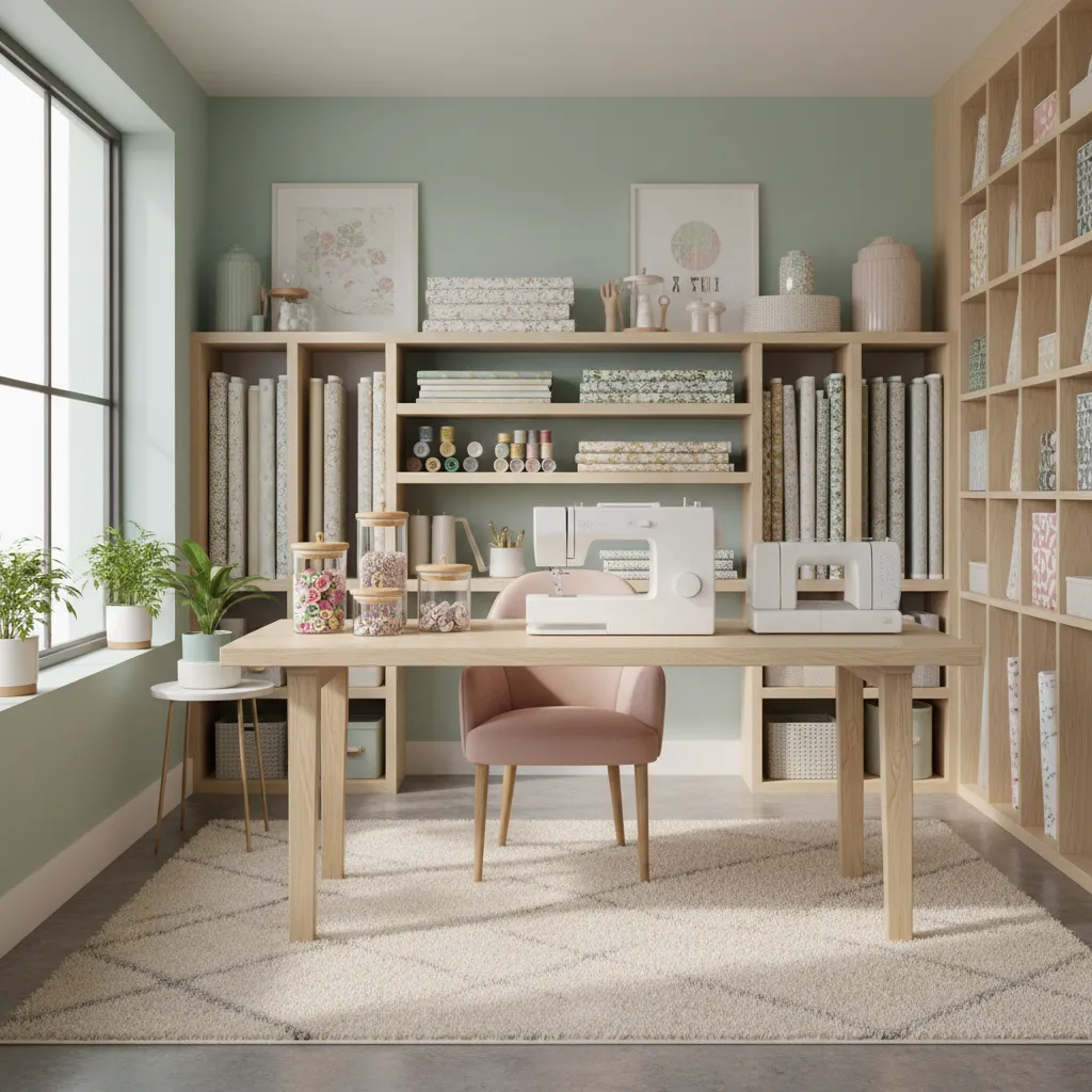 Cuarto de costura decorado con estilo moderno y organizado