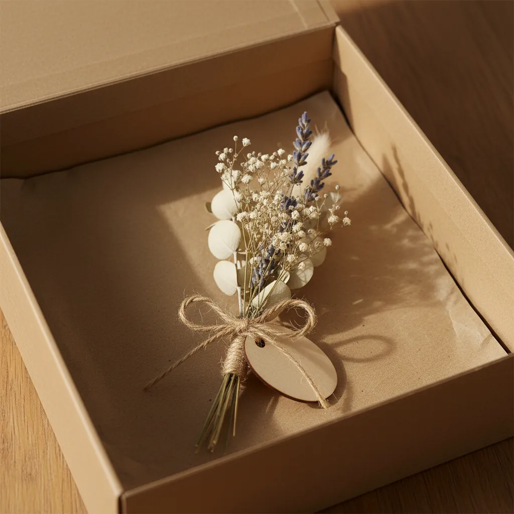 Small dried flower bundle with wooden tag inside open brown cardboard gift box on table