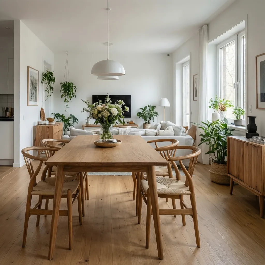 Interior blanco combinado con muebles de madera natural