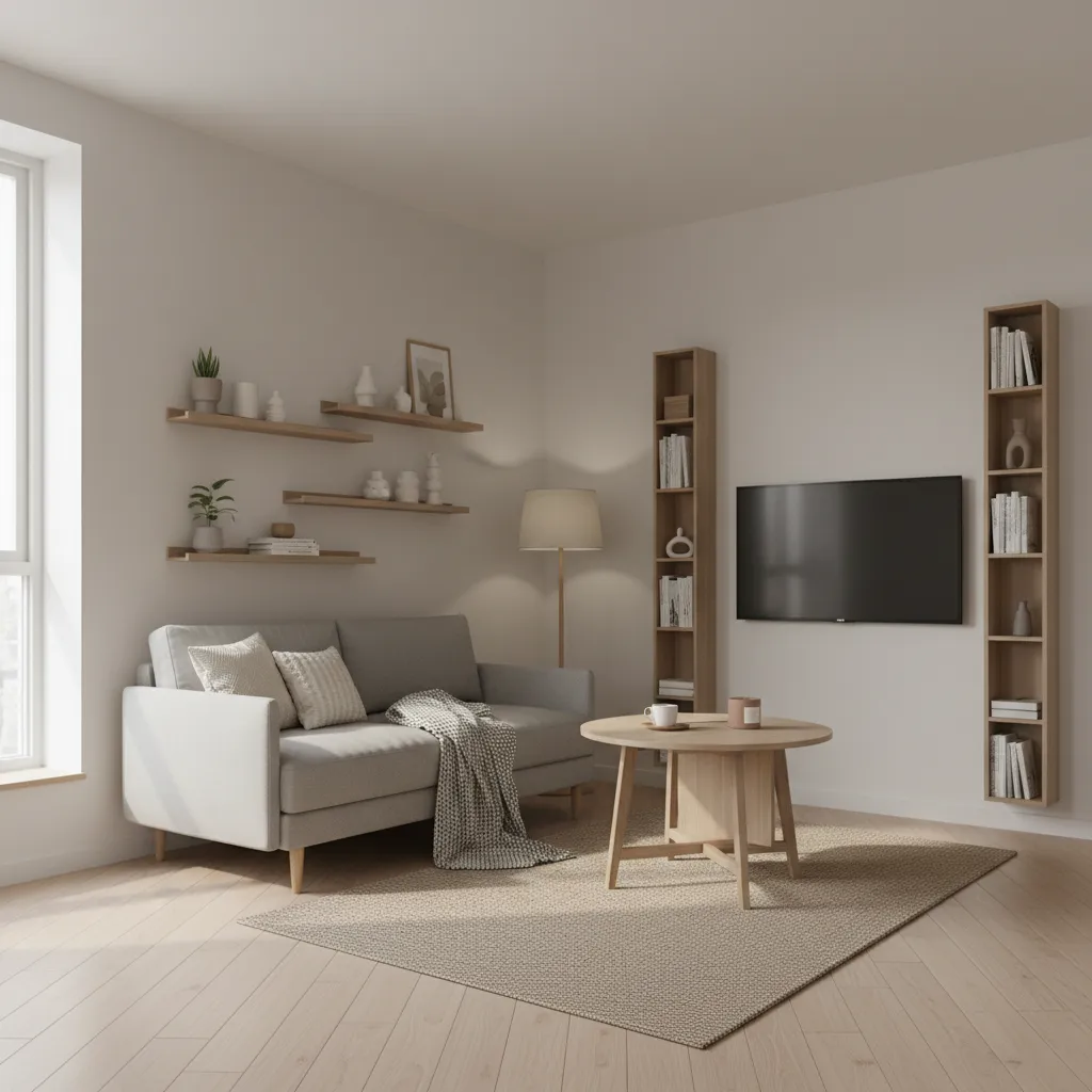 Modern living room with grey sofa wooden coffee table floor lamp wall shelves and television